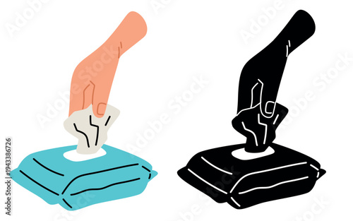 Hand reaches into plastic package and pulls out wet wipe. Disposable cleaning napkin dispenser. Antiseptic towel pack. Cosmetic tissue pouch. Vector set icons for use of hygiene products