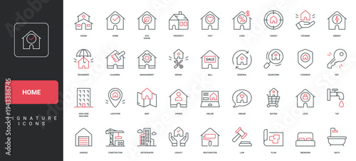 Home, buy and sell real estate, housing and building construction, homepage line icon set. Cottage and garage, home apartment and eco house thin black and red outline symbols vector illustration