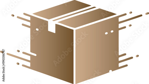 Brown cardboard shipping box with motion blur effect and particles emanating outwards symbolizing fast delivery e commerce logistics and digital data transfer isolated on a transparent background