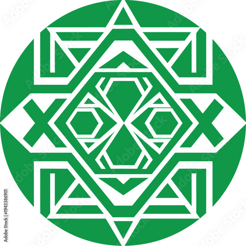 Geometric green emblem featuring layered diamonds and intersecting lines