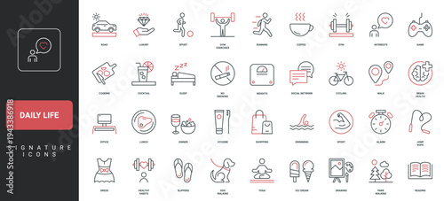 Daily life, active and luxury lifestyle, healthy habits and office work, sport exercises in gym line icon set. Food, running and yoga, hygiene thin black and red outline symbols vector illustration