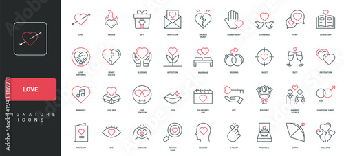 Love and passion, heart puzzle and affection, romance and dating, wedding line icon set. Love in eyes and kiss, proposal gift box and ring thin black and red outline symbols vector illustration