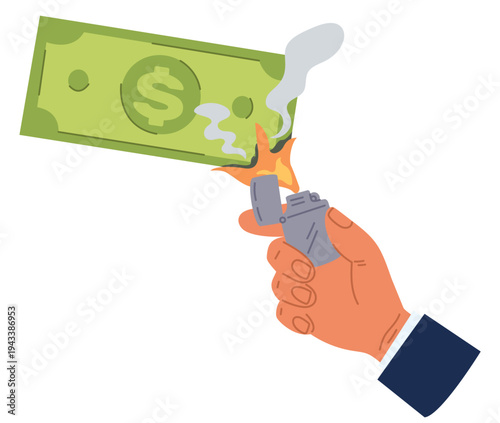 Businessmans hand lights banknote with dollar sign using lighter. Money igniting. Green bill burning. Economy crisis or inflation. Finance combustion. Financial recession. Vector concept