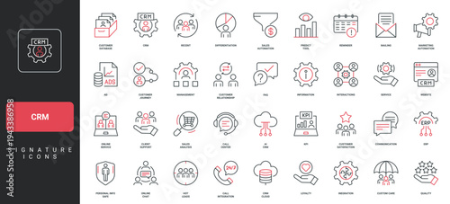 CRM, customer relationship management, sales and marketing automation, interaction with client line icon set. AI and chat, market segmentation thin black and red outline symbols vector illustration