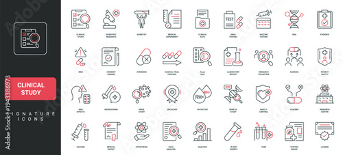 Clinical study, drug and vaccine testing, medical data and license for patient safety line icon set. Overdose risk and placebo, laboratory report thin black and red outline symbols vector illustration
