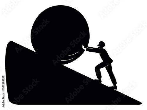Black silhouette of businessman pushing large round stone uphill with efforts. Persons striving for success. Overcome challenge. Vector concept of difficulties in business and life