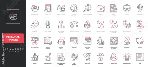 Personal finance plan, monthly payment and expenses control, budget analysis, tax line icon set. Family income and savings, debt, accounting thin black and red outline symbols vector illustration