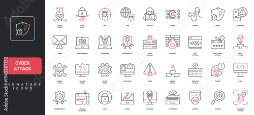 Cyber attack, data breach and malware, hackers virus and bug, phishing line icon set. Vulnerability, target and mass attack threat, spyware thin black and red outline symbols vector illustration