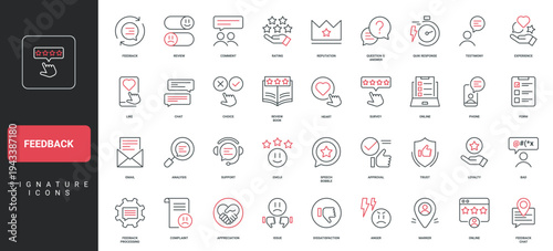 Feedback, customer review service and satisfaction, opinion, survey line icon set. Question and answer, quick response, positive and bad rating thin black and red outline symbols vector illustration