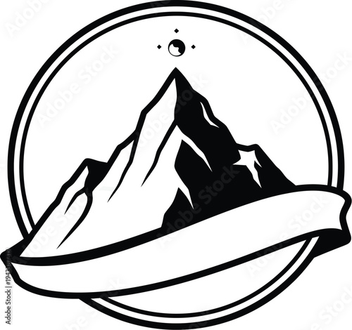 Black and white illustration of a mountain within a circular frame