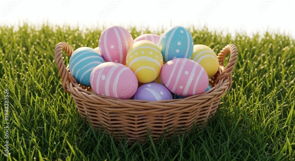 Fototapeta premium Easter Egg Hunt, Colorful Eggs, Outdoor Garden, Photo, Springtime, Bright Sunlight, Celebration of Joy