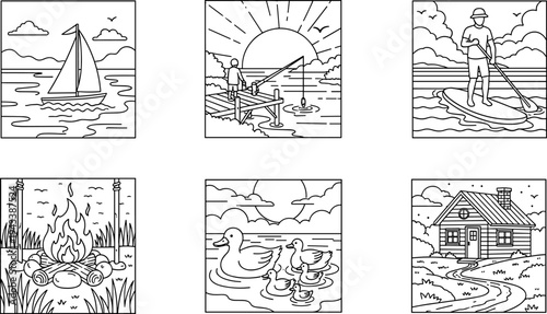 Collection of line art illustrations depicting outdoor recreational activities and nature scenes