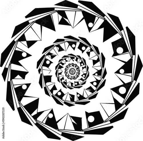 Intricate black and white spiral design with geometric shapes and circular patterns
