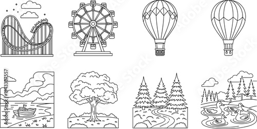 Collection of simple line art illustrations depicting various outdoor scenes and attractions