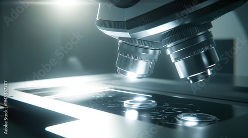 Close up of a high-tech microscope lens focusing on a specimen for scientific research and industrial quality control.