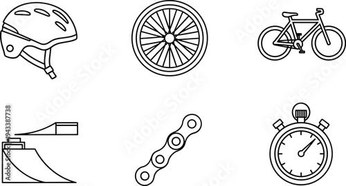 Collection of bicycle and extreme sports icons in a clean outline style