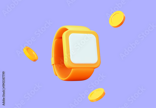 3d yellow clock icon with flying coins. Time is money concept. Cartoon minimal style. Stock vector illustration on lilac isolated background.