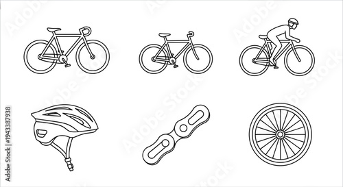 Collection of bicycle parts and cyclist icon, line art illustration