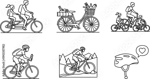 Diverse cycling illustrations: family rides, mountain biking, and a helmet with a heart