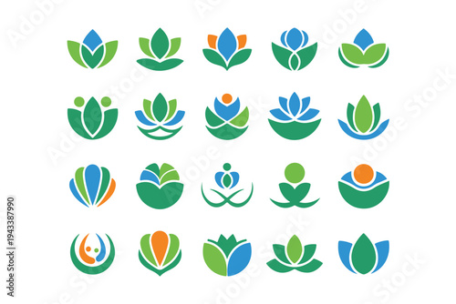 Abstract floral logo set with lotus flower icons for spa wellness and yoga center branding collection featuring various green blue and orange organic shapes for corporate identity templates