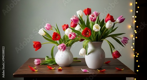 Two white vases showcase vibrant tulips on a wooden table, against a soft-lit backdrop