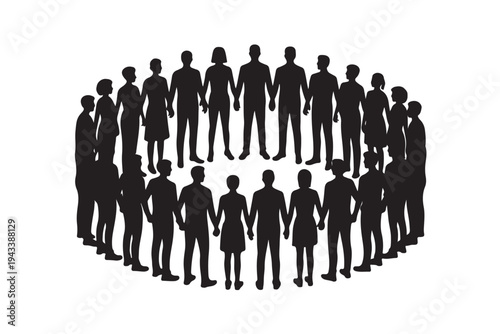 Group of people standing in a circle holding hands for community unity and teamwork concept illustration with black silhouettes of diverse men and women together for social support symbol