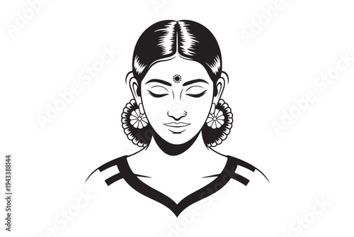 Indian woman portrait with traditional jewelry and bindi for cultural heritage and ethnic beauty representation in black and white line art style for yoga meditation or wellness center logo