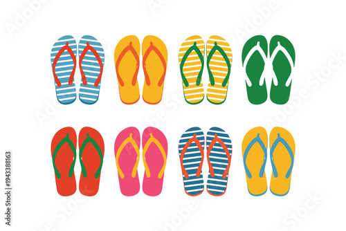 Colorful flip flops collection for summer beach vacation with various patterns and bright colors for seasonal footwear fashion and travel accessories set isolated on transparent background
