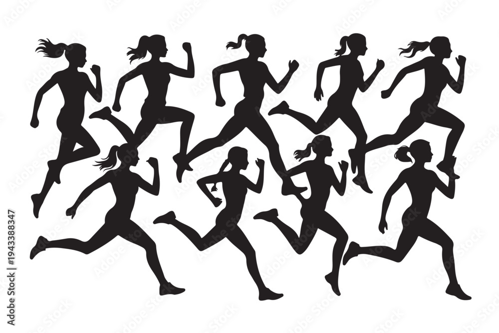 Fototapeta premium Silhouette set of running women and female athletes in motion, active girls jogging and sprinting collection, sports fitness training silhouettes on transparent background for gym and health