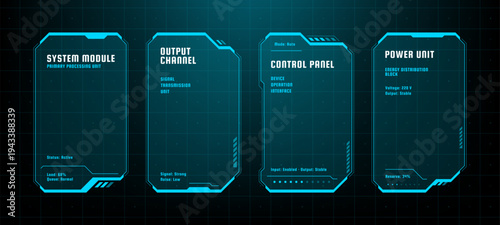 Futuristic digital interface with blue glowing hud frames and system diagnostic data blocks. Cybernetic control panels for technical information display and monitoring system status.