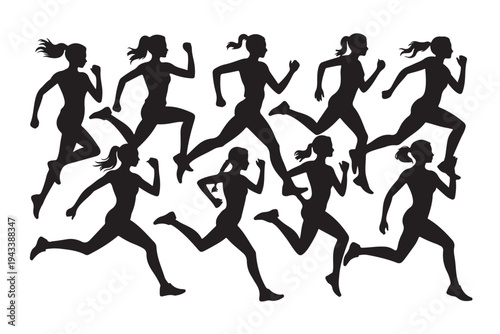 Silhouette set of running women and female athletes in motion, active girls jogging and sprinting collection, sports fitness training silhouettes on transparent background for gym and health