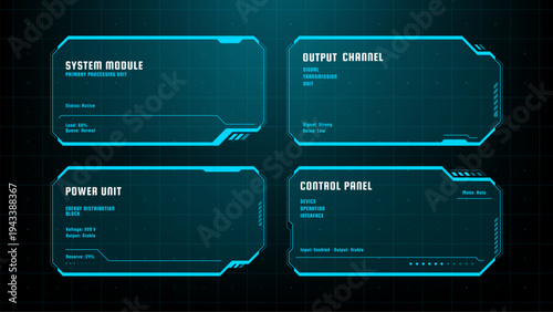 Hud interface frames with system module and power unit data. Technical display elements for futuristic control panel. Digital dashboard overlay for sci-fi software and user interface.