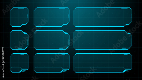 Blue hud vector graphic set with frame and button interface. Futuristic digital display element style. Technology data panel template with grid background for software application design.