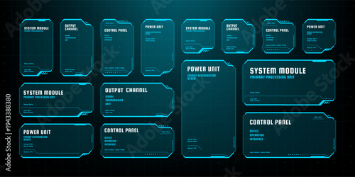 Hud vector graphics set for futuristic user interface design. Technology dashboard elements showing system status, power unit, and control panel. Digital data visualization display.