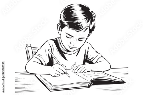 Young student concentrating writing in open book sitting at desk showing focus learning and educational activity in sketch style