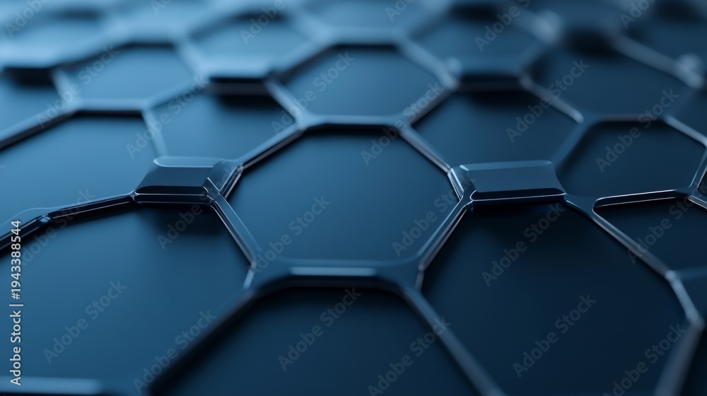 Fototapeta premium Dark blue metallic hexagonal network with glowing nodes, captured with shallow DOF, suggesting futuristic AI and data structure. Tech, abstract. Digital, Matrix