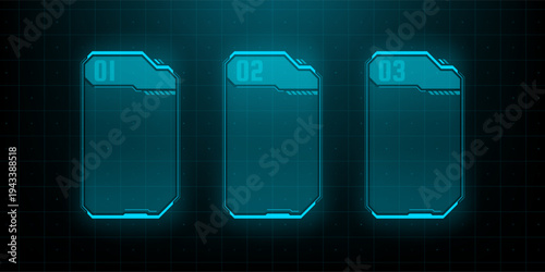 Futuristic HUD interface with three vertical digital panels. Sci-fi infographic display with numbered frames. Data visualization element for software, game UI, and high-tech application.