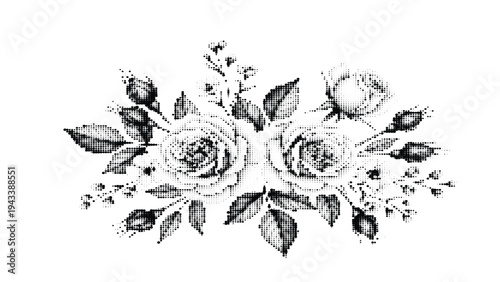 Floral arrangement of roses and leaves in halftone dot pattern, romantic bouquet, isolated on transparent background