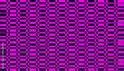 Abstract modern digital vector graphic illustration showcasing a vibrant fuchsia and deep black geometric checkerboard pattern, skillfully disrupted by subtle horizontal line distortions, creating an 