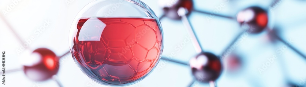 Naklejka premium Dynamic 3D render Clear glass capsule with vibrant red fluid and intricate hexagonal structure amidst a blurred molecular network, symbolizing biotechnology and medical innovation.