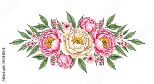 Watercolor illustration of a floral arrangement with peonies, buds, and green leaves