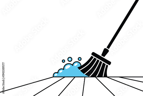 Broom sweeping soapy water across wooden floor illustration.