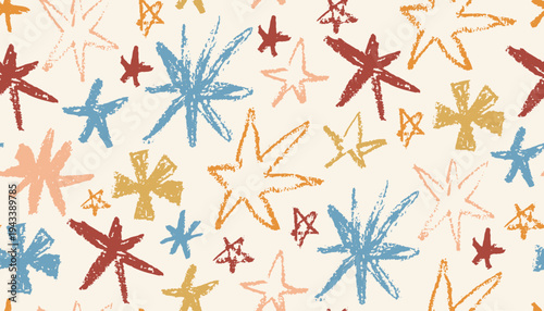 Seamless pattern of hand-drawn stars created with oil pastel texture in a earthy color palette. This crayon playful, childlike design is ideal for nursery decor, textile prints.