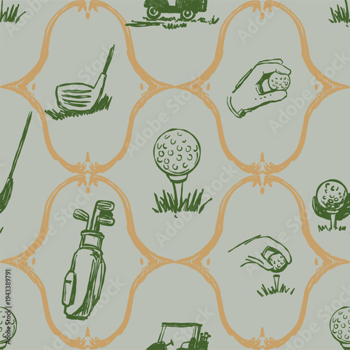 Golf sketch seamless pattern. Sports tools vector illustration. Hand drawn vintage style, isolated