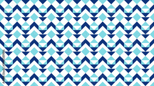 Seamless geometric pattern featuring blue and white triangles and diamonds in a rhythmic chevron arrangement. This modern, tileable design is ideal for textile prints, web backgrounds, and decor.