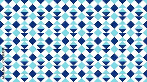 Seamless geometric pattern with blue and white diamonds and triangles in a rhythmic, tribal-inspired arrangement. This modern tileable vector background is perfect for textile prints and branding.