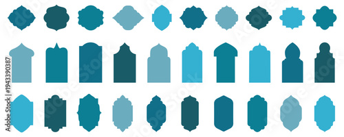 Shape Islamic door and window silhouette Arabic arch. Collection of patterns in oriental style. Frames in Arabic Muslim design for Ramadan Kareem. Traditional eastern decor. Vector illustration.