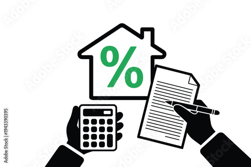 Real estate financing concept with house icon, calculator, and paperwork.