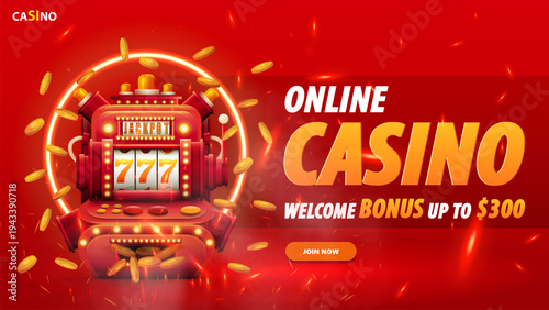 Online casino, red horizontal invitation banner for website with button and 3D slot machine with jackpot in cartoon style. The banner is red and has a lot of gold coins in swirl.