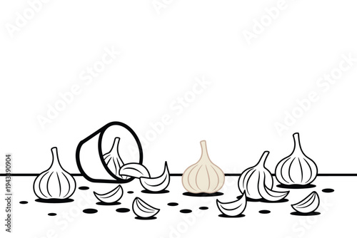 Garlic bulbs and cloves illustrated in artistic black and white.
